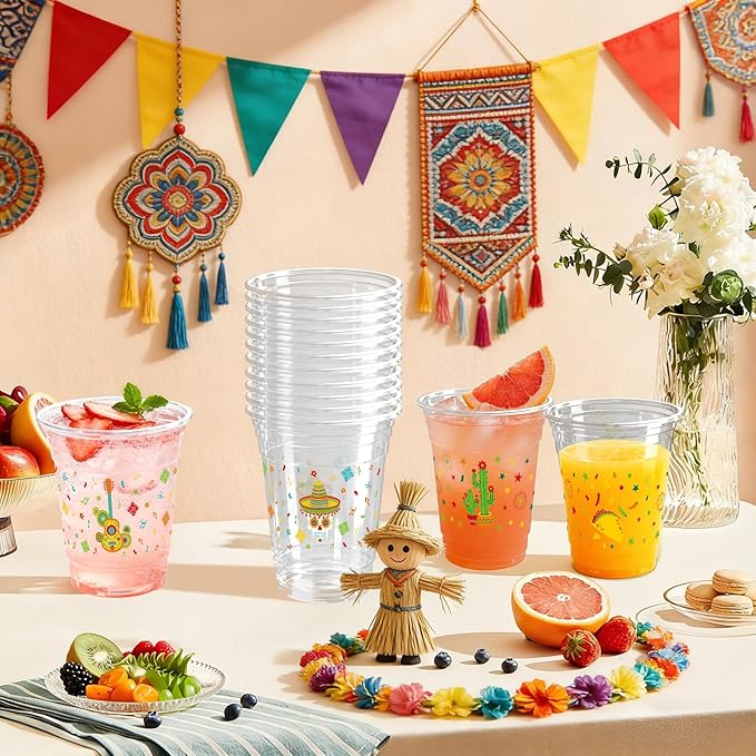 100 Pack Fiesta Plastic Cups 12 oz 2 Styles Mexican Cinco De Mayo Disposable Cups Mexican Party Favor Drinking Beverage Cup for Taco Birthday Hispanic Heritage Month Party Supplies