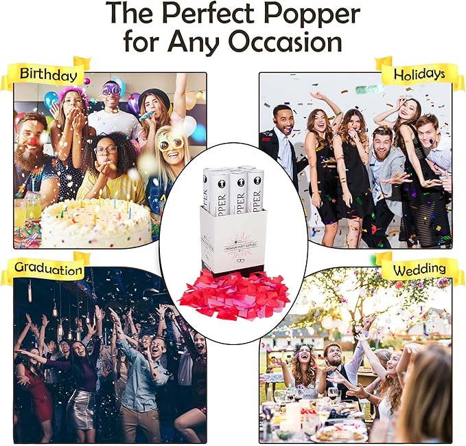 Clover Products 12" Biodegradable Confetti Poppers | 6 Pack | Red & Pink Poppers for Weddings, Birthdays & Events | Air-Powered, Safe & Easy to Use | Shoots 25 Feet for Indoor & Outdoor Celebrations
