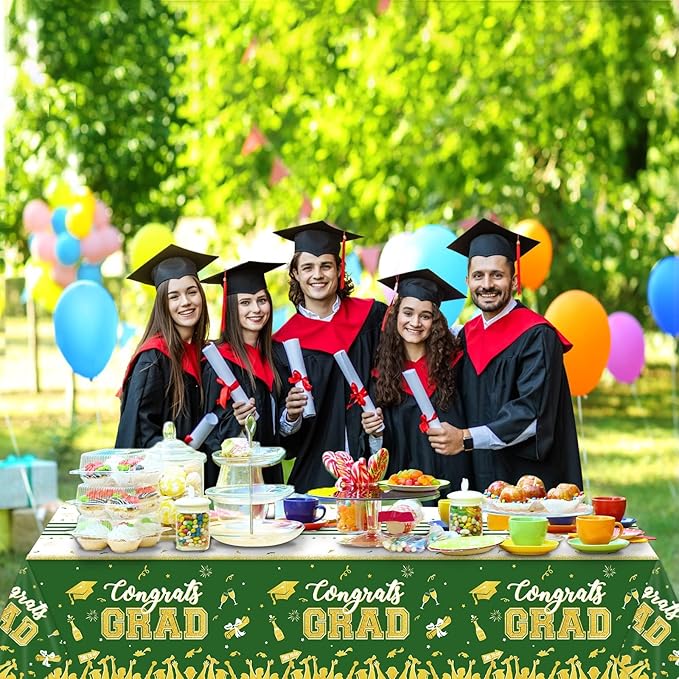 chiazllta Set of 3 Graduation Tablecloths Class of 2026 Congrats Grad Green Graduation Party Tablecover Decorations Party Supplies Large Size Plastic 54"x108"(Green & Gold)