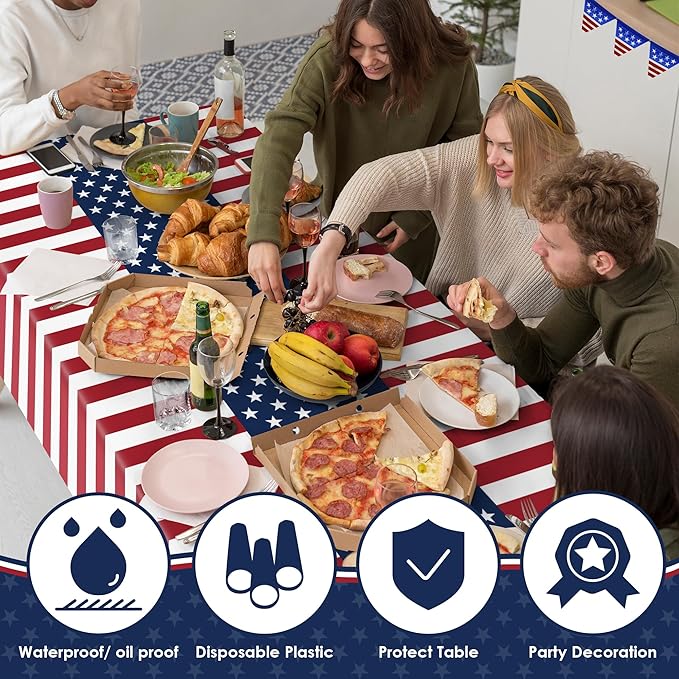 OHOME 4th of July Decorations - Patriotic American Flag Plastic Tablecloth for 250 America Anniversary USA | Fourth of July Accessories for Home Outdoor Outside Party Favors,54"x108",2 Pack