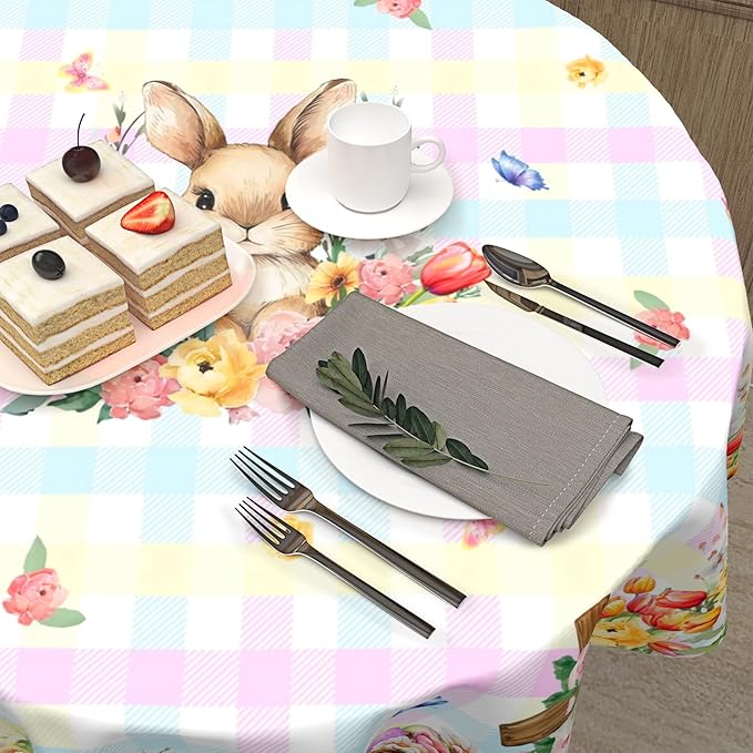 Easter Rabbit Round Tablecloth Pink Blue Pliad Circle Table Cloth 70 Inch Farmhouse Floral Table Cover Washable Polyester Indoor Decorations for Home Kitchen Dinning Party