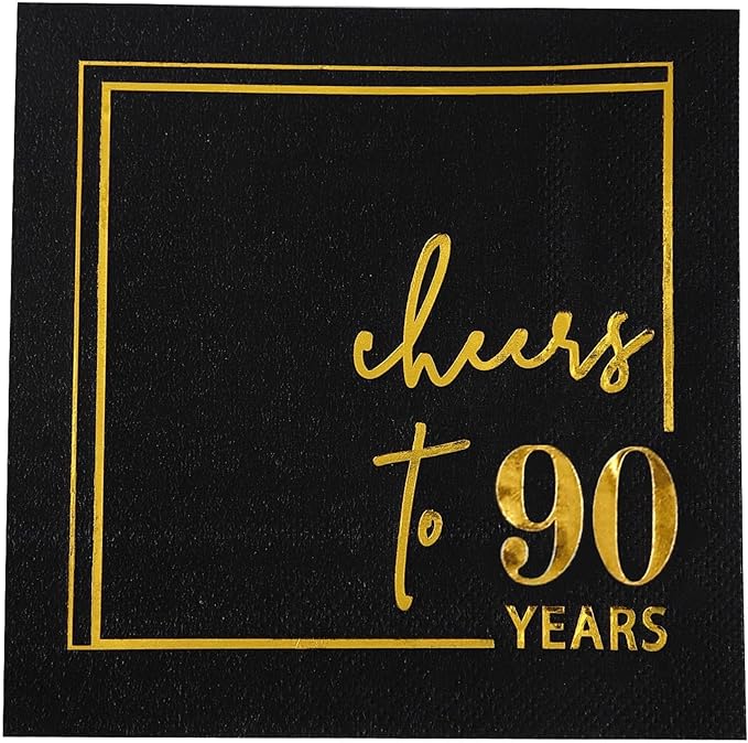 Cheers to Years Cocktail Napkins - 50 PK - 3-Ply Birthday Napkins 5x5 Inches Disposable Party Napkins Beverage Paper Napkins or Birthday Decorations Wedding Anniversary Black and Gold (90 Years)