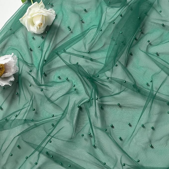 Artoid Mode 6PCS Pearl Dark Green Gauze Table Runner 120 Inch 10FT, Seasonal Sheer Dining Holiday Wedding Birthday Baby Shower Table Decor for Home Party