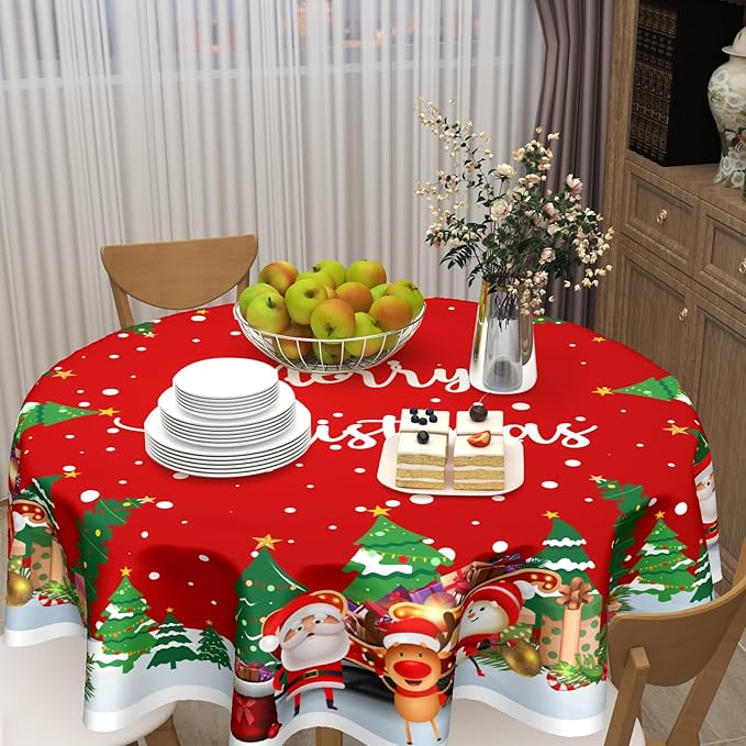 Red Merry Christmas Round Tablecloth 70 Inch Snowman Pattern Circle Table Cloth Winter Holiday Table Cover Washable Polyester Decorations for Home Kitchen Dinning Party