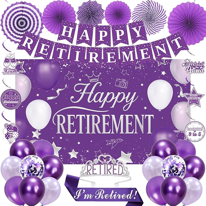 Holkcog Purple Retirement Party Decorations for Women, Silver Purple Happy Retired Banner Backdrop Paper fan Hanging Swirls for Coworker, I'm Retired Sash & Tiara Set, Great for Retiring Women Supply