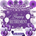 Holkcog Purple Retirement Party Decorations for Women, Silver Purple Happy Retired Banner Backdrop Paper fan Hanging Swirls for Coworker, I'm Retired Sash & Tiara Set, Great for Retiring Women Supply