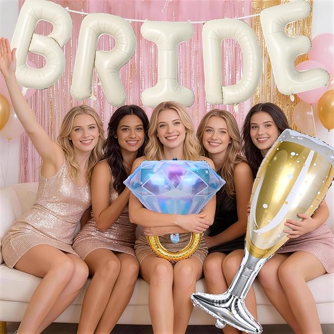 40inch Cream Bride Balloons Bachelorette, Bride To Be Bridal Shower Balloon Diamond Ring Champagne Glass Foil Balloons for Bachelorette Bridal Shower Engagement Wedding Hen Night Room Party Decoration