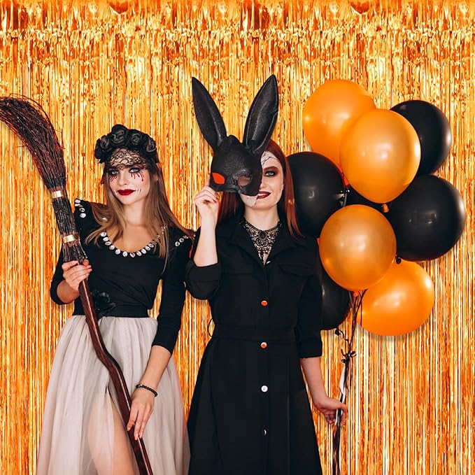 3 Pack Orange Foil Fringe Curtain Backdrop, 3.28Ft x 8.2Ft Metallic Tinsel Foil Fringe Streamer Curtains for Photo Booth, Mother's Day, Easter, Birthday, Wedding Party Decorations
