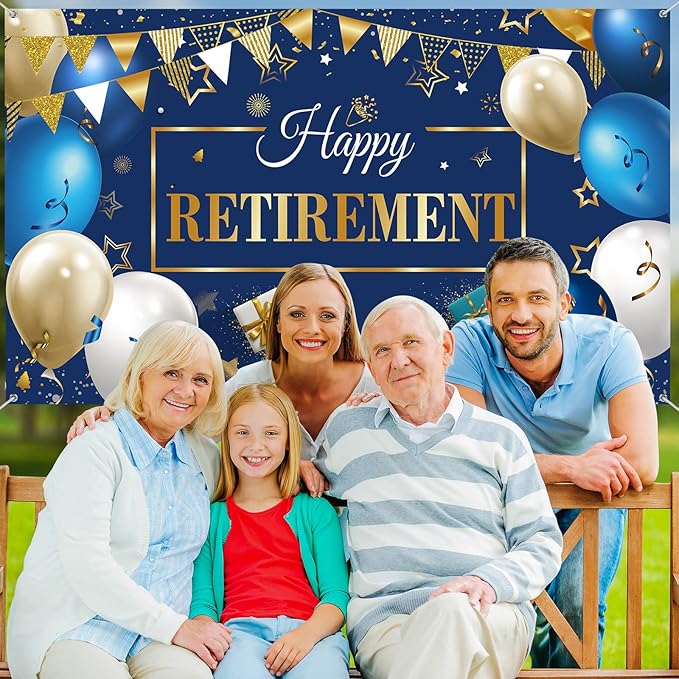 Blulu Retirement Party Decorations, Extra Large Fabric Retire Sign Banner Photo Booth Backdrop Background with Rope for Retirement Party Favor(72.8 x 43.3 Inches,Blue and Gold)