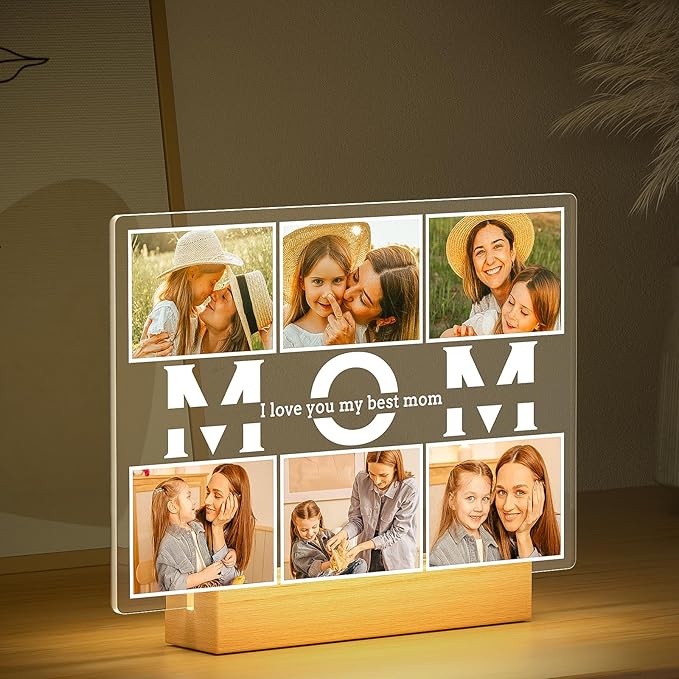 Custom Picture Frames with Photo, Personalized Photo Frame with Night Light, Customized Picture Frames, Customized Birthday Gifts for Mom, Personalized Mothers Day Gifts for Mom Baby Kid Family
