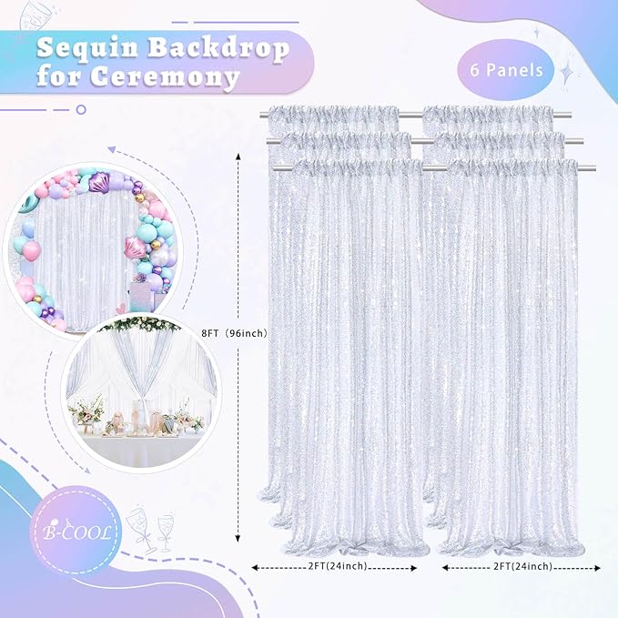 B-COOL 6 Panels Sequin Backdrop Curtains 2ftx8ft Laser Silver Sparkly Backdrop Fabric for Party Birthday Ceremony Stage Backgroumd Decorations