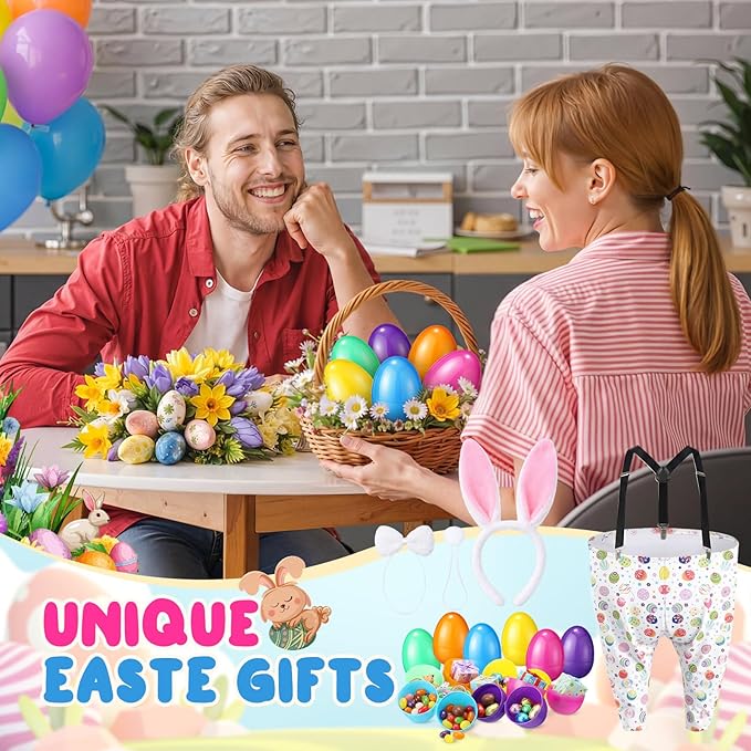 Vinsot 16 Pcs Easter Granny Pants Yard Game Set Oversized Granny Pants with Colorful Easter Eggs, Bowtie, Bunny Ears and Tail, Outdoor Tossing Game Bunny Suit for Spring