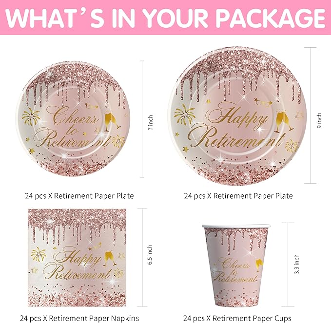 APOWBLS Retirement Decorations For Women, Rose Gold Happy Retirement Party Decorations Supplies Tableware, Paper Plate, Cup, Napkin, Tablecloth, Cutlery, Serve 24