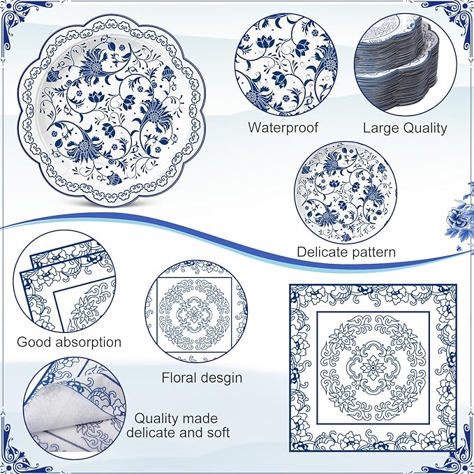 Pickmesh 250 Pcs Blue White Floral Party Supplies Decorations Serve 50 Blue and White Porcelain Pattern Disposable Paper Plates Napkins and Cups for Chinoiserie Baby Shower Birthday Wedding Tea Party