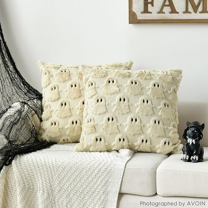 AVOIN colorlife Halloween Ghost Beige Throw Pillow Cover Set of 2, 18 x 18 Inch Soft Plush Faux Fur Jacquard Spooky Cushion Case Decoration for Sofa Couch
