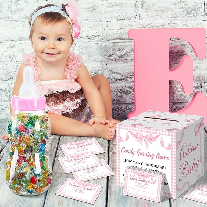 Glenmal 52 Pcs Baby Shower Games Gift Sets Large Baby Bottle for Shower Game Guess How Many Candies Decorations for Gender Reveal (Pink Bow)