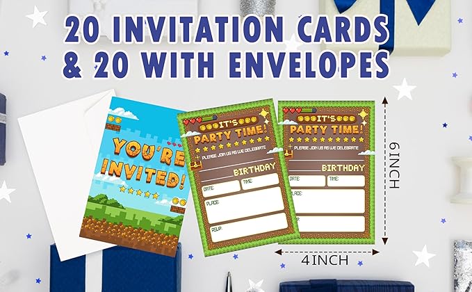 CLIRBE Games Birthday Party Invitations, Funny Birthday Invitations For Brother Bro Teen Boys Girls, 20 Invites Cards With 20 Envelopes, Party Supplies Favors -H10