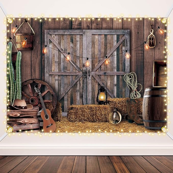 Moukeren 6.6 x 9.2 ft Western Party Backdrop Western Cowboy Party Decoration Wild West Decor Wooden House Barn Photo Background for Birthday Wedding Supply