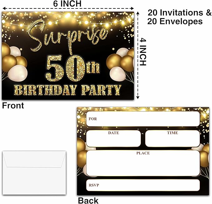 YSTEP 50th Birthday Party Invitations, 20 Black Gold Invite Cards with Envelopes, 4"x6" Foil Balloon Birthday Invites - B09