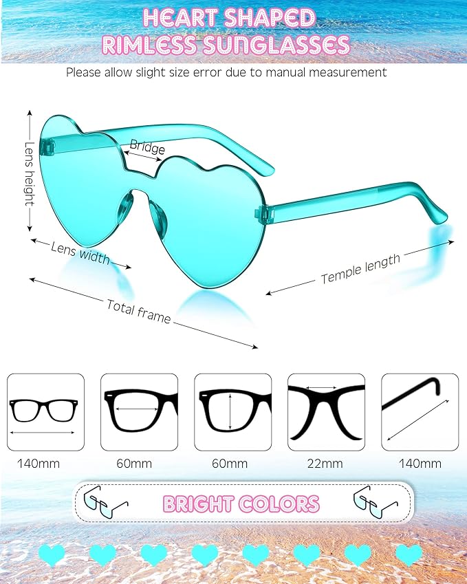 Frienda 8 Pairs Heart Shaped Sunglasses for Women Rimless Heart Glasses Candy Color Sunglasses for Party Favor