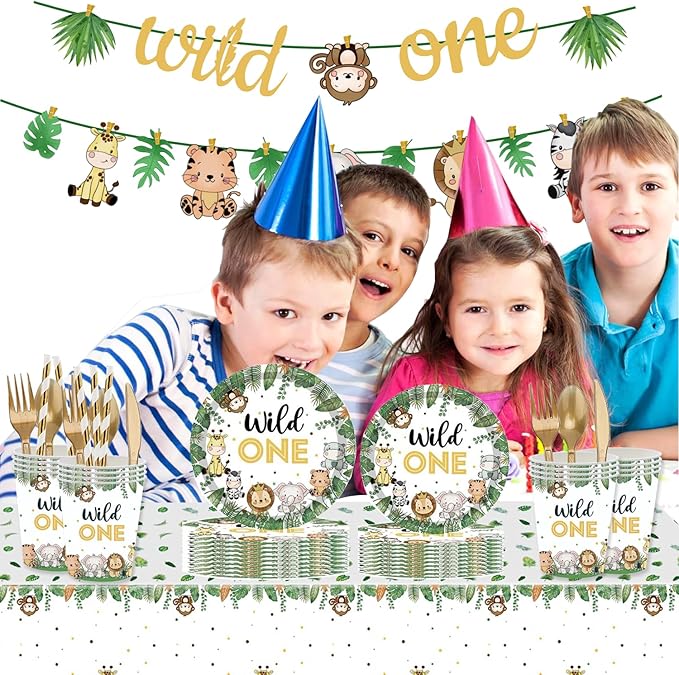 Wild One Birthday Decorations 202 Pcs for 25 Guests, Jungle Safari Theme Party Supplies with Animal Plates Napkins Cutlery Tablecloth Banner, Baby Shower or Boys 1st Birthday Party