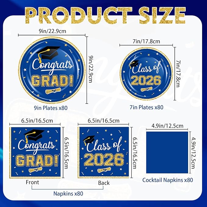 320 Pcs Graduation Table Decorations Party Supplies - Blue Gold Graduation Plates and Napkins Class of 2026 Disposable Dinnerware Set for College High School Congrats Grad Party Favors, Serve 80