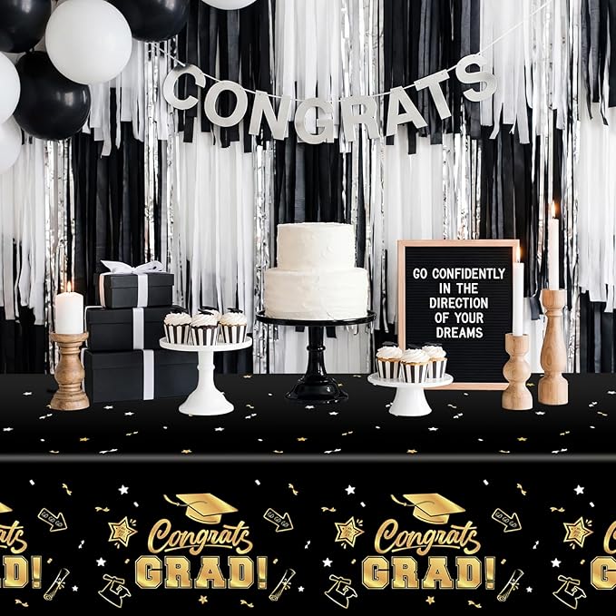 2-Piece 54 x 108 Inch Graduation Plastic Tablecloth – Graduation Disposable Rectangle Table Covers with “Congrats Grad” Design for Class of 2026 Party, School and Home Decorations