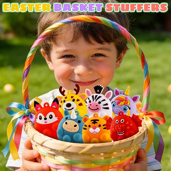 Easter Basket Stuffers for Toddler,12 PCS Party Favors for Kids, Silicone Animal Pop Fidget Toys with Suction, Treasure Box Toys, Goodie Bag Stuffers, Prizes for Kids, Pinata Stuffers