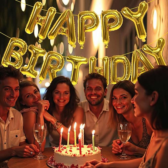 KALOR Gold Happy Birthday Balloons Banner, 16 Inch Mylar Foil Letters Balloon Sign for Birthday Party Decorations Photo Booth Backdrop