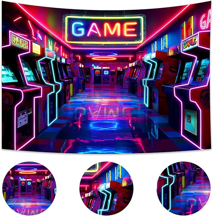 Imirell Arcade Game Neon Backdrop 8Wx6H Feet Retro Gaming Gamer Themed Colorful Video Game Room Playroom Cool Modern Polyester Fabric Boys Photography Backgrounds Photo Shoot Decor Props Decoration