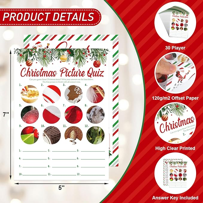 COCHIE 30 Players Christmas Party Games for Adults Family Office Large Groups, Xmas Parties Picture Quiz Game, Guesstures Game, Christmas Word Search Games with Answer Key (Xmas Search)
