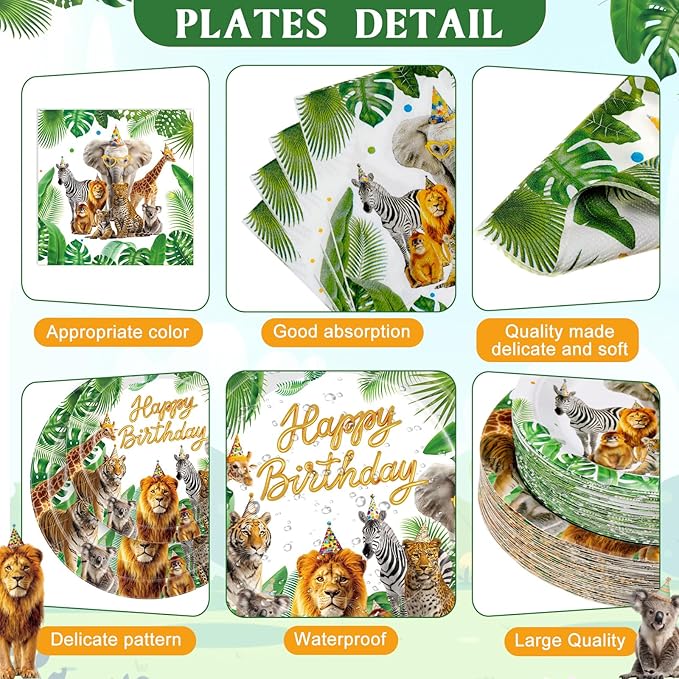 Ceenna 452 Pcs Safari Birthday Party Decorations for 50 Guests, Jungle Animals Paper Plates Napkins Cups Tablecloth Cutlery Straw Wild Animals Tableware for Zoo Theme Birthday Party Supplies