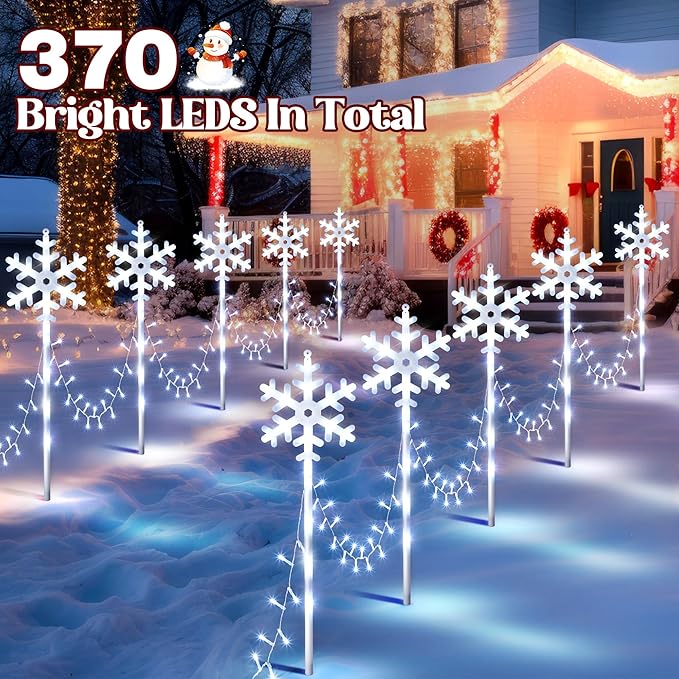10 Pcs Christmas Snowflake Pathway Stake Lights for Outdoor Yard, 370 Bright LEDs Waterproof Large Christmas Snowflake Light Decoration for Garden Lawn Driveway Walkway Decor(Cool White)