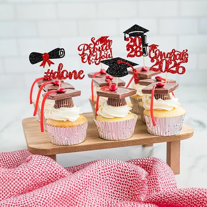Gyufise 24Pcs 2026 Graduation Cupcake Toppers Glitter Congrats Class of 2026 Diploma Done Grad Cap So Proud of You Cupcake Picks So Proud of you Cake Decoratiosn Red