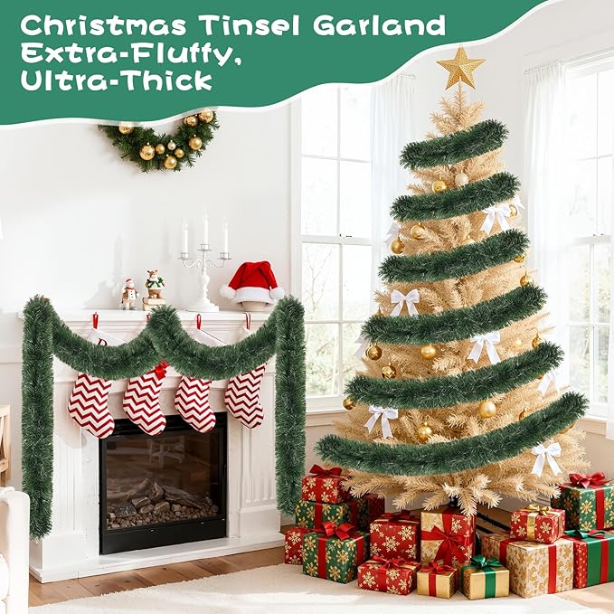 50FT Green Christmas Tinsel Garland, Artificial Greenery Garland for Tree Decorations, Faux PVC Soft Metallic Tinsel Twist Garlands for Xmas Home Indoor Decor