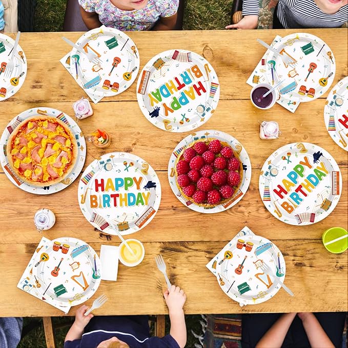 96Pcs Music Birthday Party Decoration Plates Musical Instrument Theme Plates and Napkins Music Notes Tableware Set for Musical Birthday Party Music Theme Baby Shower Supplies, Serves 24