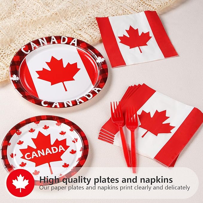 Grencian 96Pcs Canadian Flag Party Supplies Canada Day Party Plates and Napkins Red White Maple Leaves Tableware Sets Canada Birthay Decorations Favors for Anniversary Family Gathering Serves 24