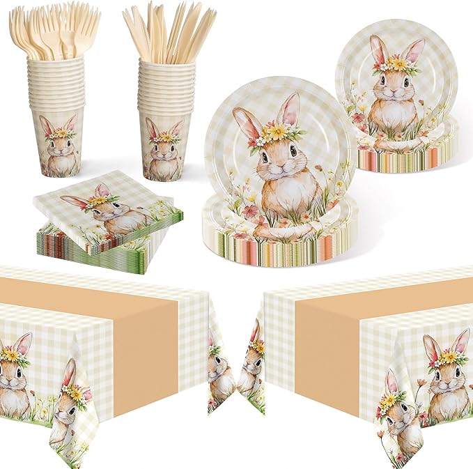 Childom Easter Party Supplies Decorations,147 Pcs Easter Decorations Disposable Tableware Set,Bunny Themed Dinnerware with Plastic Tablecloth Knives Fork,Paper Plates Napkin Cups for Birthday,Parties