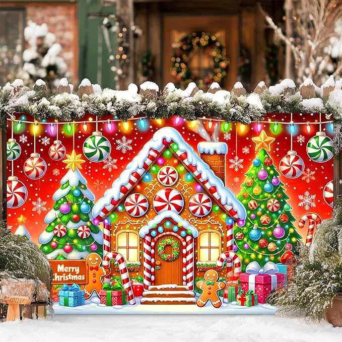 Gingerbread House Backdrop 71x43 Inches Christmas Candy Scene Banner Holiday Party Photo Background Merry Christmas Backdrop for Photography Indoor Outdoor Winter Decorations