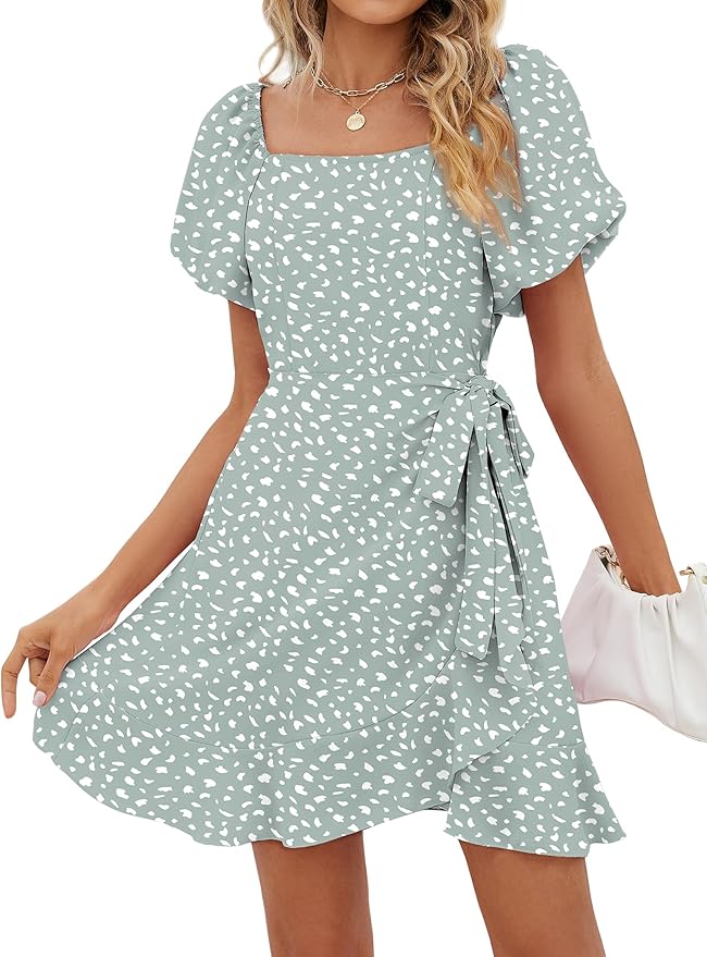 Sampeel Womens Summer Dresses Square Neck Puff Sleeve Tie Waist Short Dress