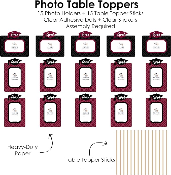 Big Dot of Happiness Maroon Grad Graduation Photo Display Centerpiece Kit - 15 Double-Sided Photo Table Topper Sticks, Vertical and Horizontal 4x6 Picture Holders, DIY Party Decoration Set