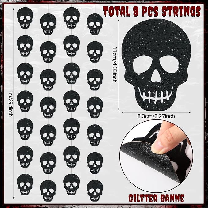 Xinnun Skull Party Decorations Black Skeleton Hanging Banners Garland Gothic Theme Banner Cutouts Ribbon Streamers for Halloween Spooky Funny Funeral Birthday Party Decor Supplies(Skull)