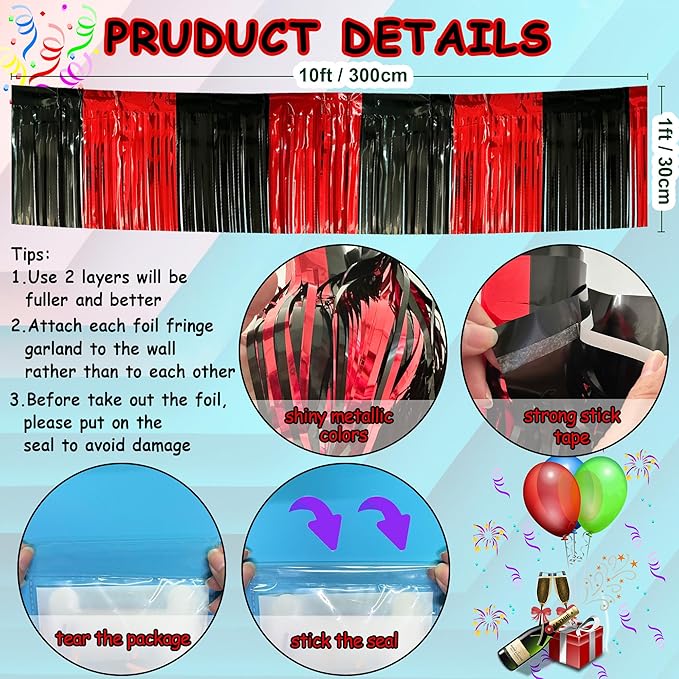 4 Packs Total 39 Feet Parade Floats for Trailer Car, Black Red Foil Fringe Garland Tinsel Streamers Banner Table Skirts for Graduation Homecoming Wedding Birthday Party Decor