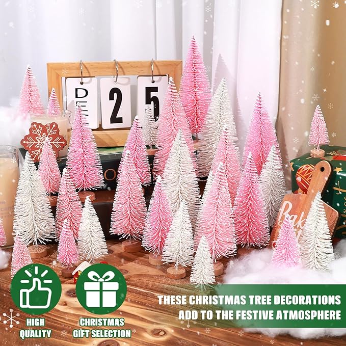 30Pcs Mini Christmas Trees Artificial Christmas Tree Bottle Brush Trees with Wooden Base for Christmas Decor Christmas Party Home Table Craft Decorations(Pink+White)