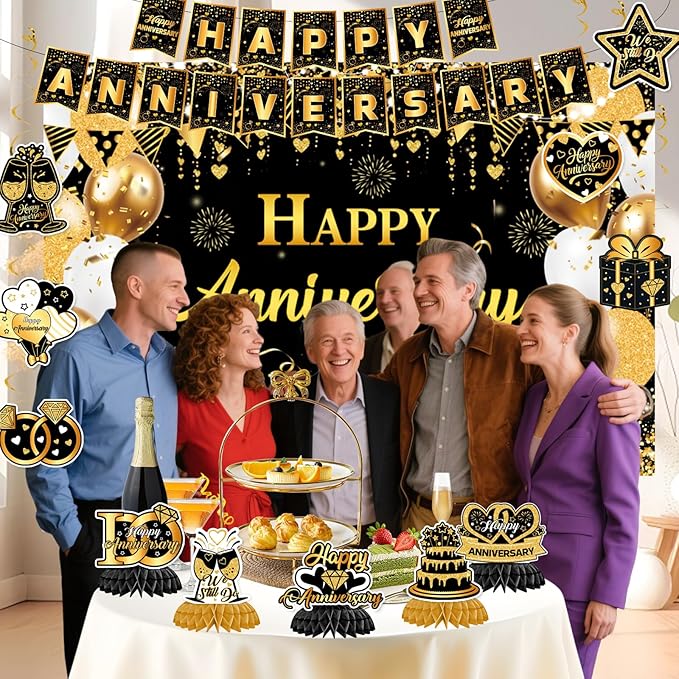 Happy Anniversary Decorations - Black Gold Wedding Party Decorations Kit, Happy Anniversary Banner, Backdrop, Hanging Swirls for Work Decorations (Black Gold)