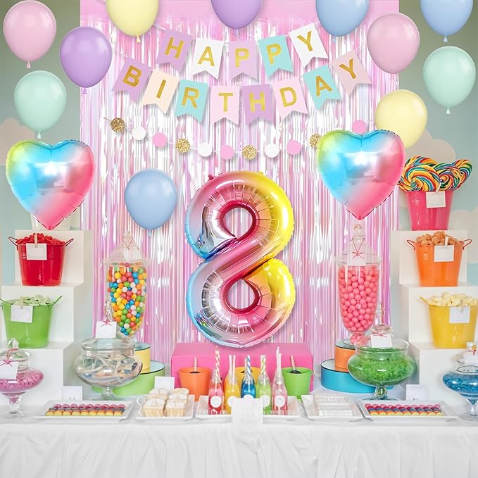 8th Birthday Decorations Rainbow,Gradient Number 8 Balloon,Pastel Happy Birthday Banner Fringe Curtain Heart Foil Balloons Boys Girls 8 Year Old Decor