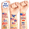 64 PCS 4 Sheets 4th of July Temporary Tattoo Set, Patriotic Party Face Body Decorations, American Flag Independence Long Lasting Tattoo Stickers for Kids Adults, Red White and Blue Accessories