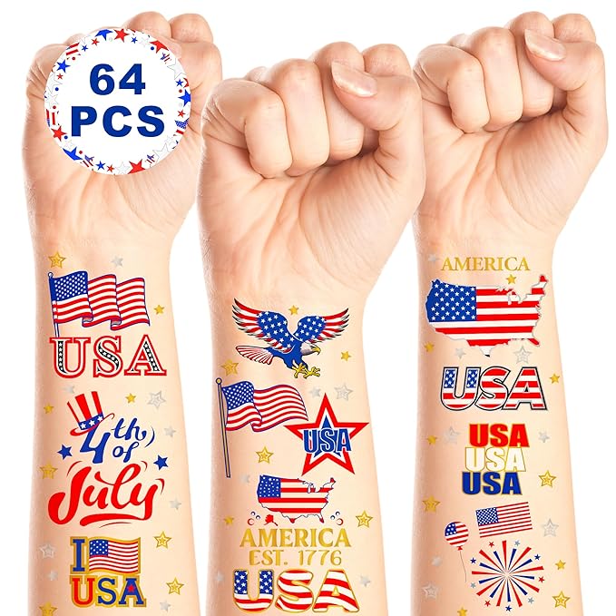 64 PCS 4 Sheets 4th of July Temporary Tattoo Set, Patriotic Party Face Body Decorations, American Flag Independence Long Lasting Tattoo Stickers for Kids Adults, Red White and Blue Accessories