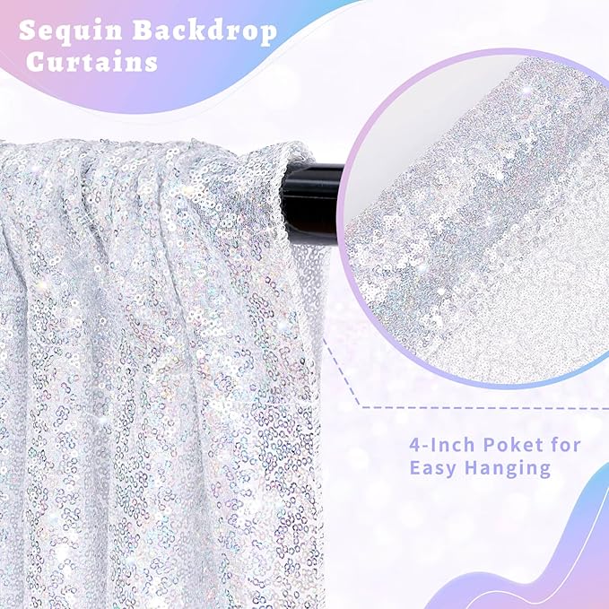 B-COOL Sequin Backdrop Curtain: 2 Panels 2ftx8ft Laser Silver Curtain Backdrop Fabric for Party Birthday Ceremony Satge Backgroumd Decorations