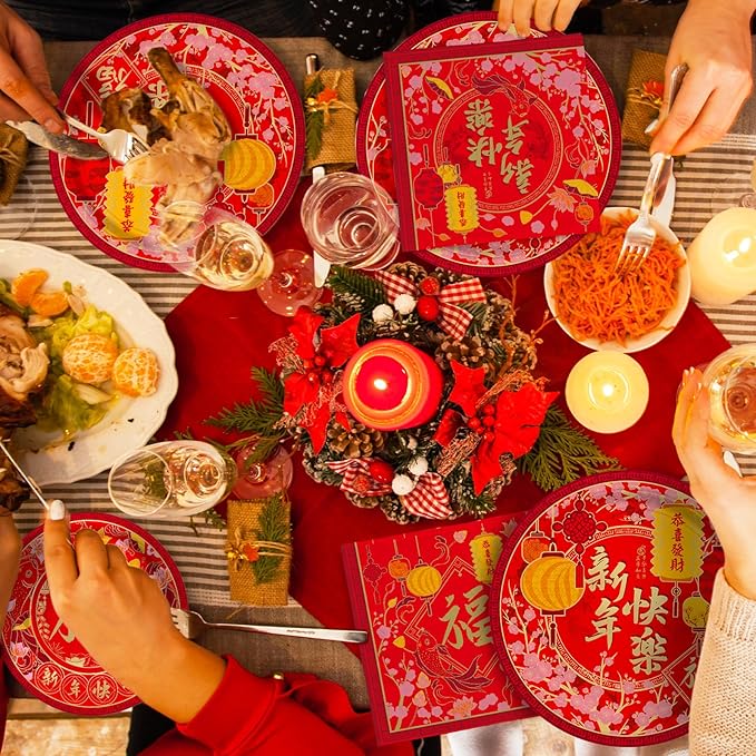Chinese New Year Party Supplies Kit : Happy New Year Design Decorations Set with Disposable Lunch Plates,Dessert Paper Plates and Napkins- for Lunar New Year Celebrations Serves 50.